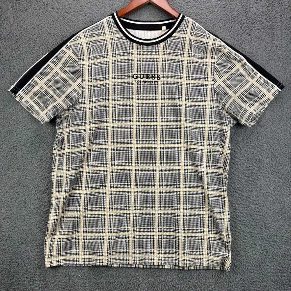 Guess Los Angeles Mens Large Plaid Graphic T-Shirt Tan Black Side Stripe Tee - Picture 1 of 6
